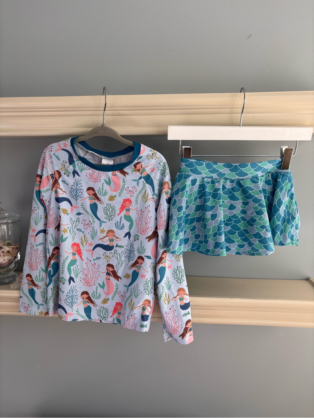 Girls Mermaid Swim Set - Light Blue & Teal Scale Skirt with long sleeve rash gua